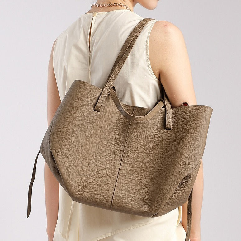 Elegant Genuine Pebbled Leather Tote Bag with Pouch