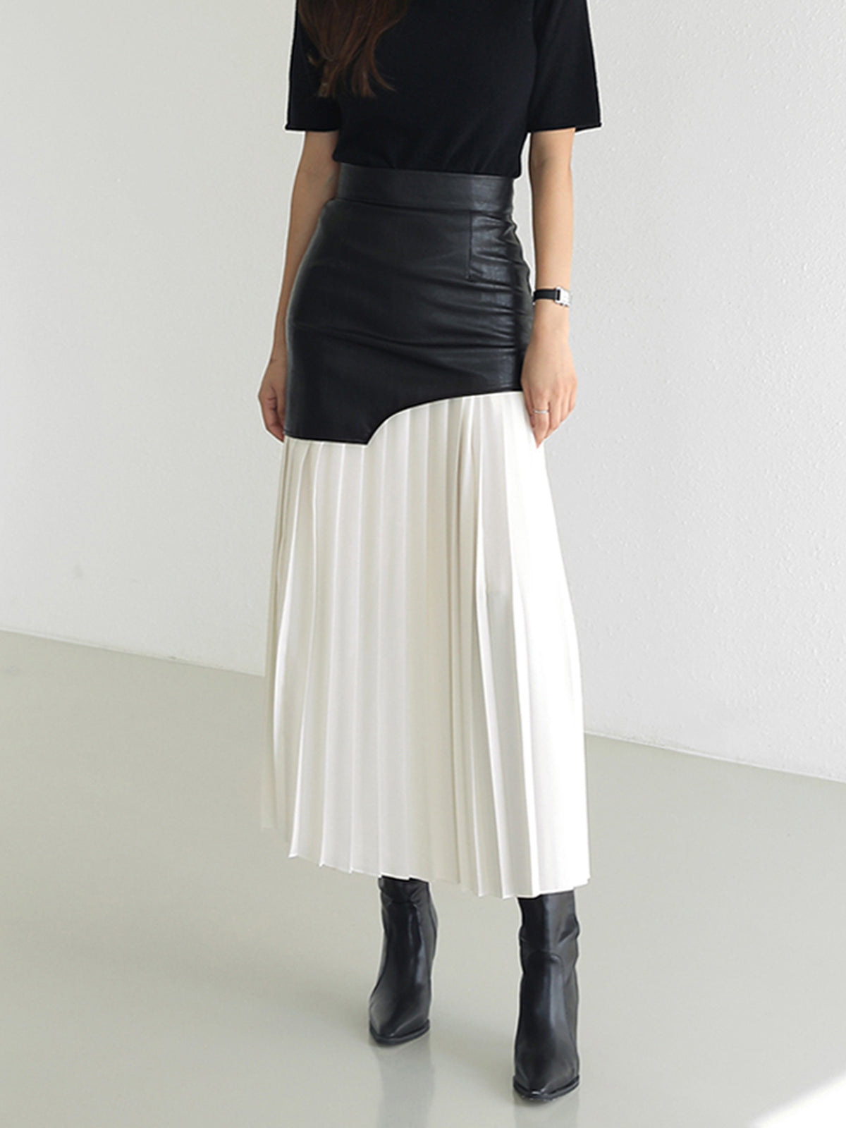 Asymmetric Patchwork Faux Leather Chiffon Pleated Maxi Skirt