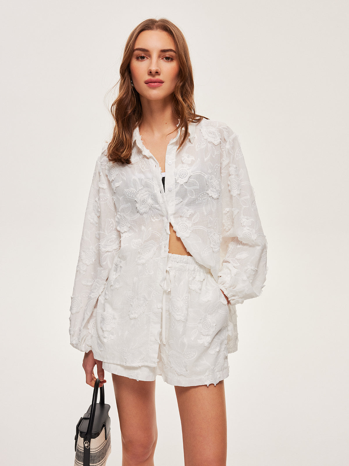 Semi-Sheer Cotton Embroidered Shirt With Shorts Set