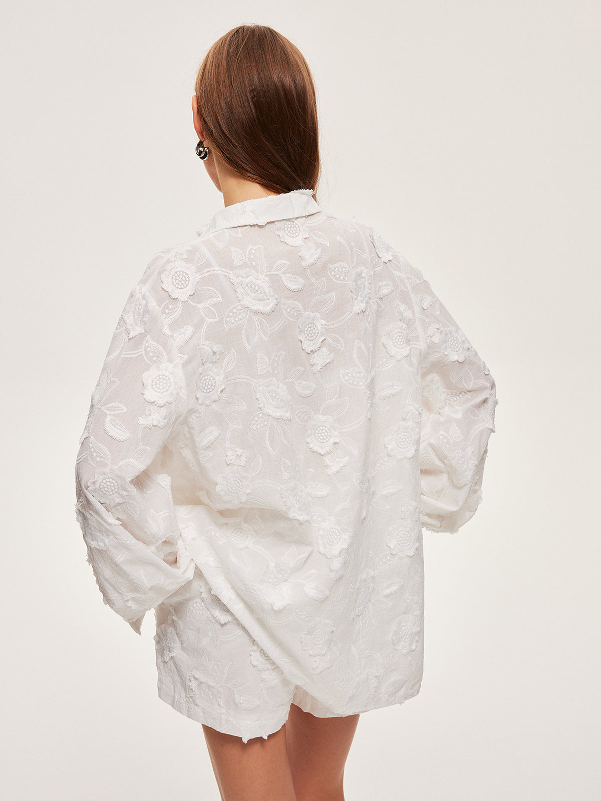 Semi-Sheer Cotton Embroidered Shirt With Shorts Set