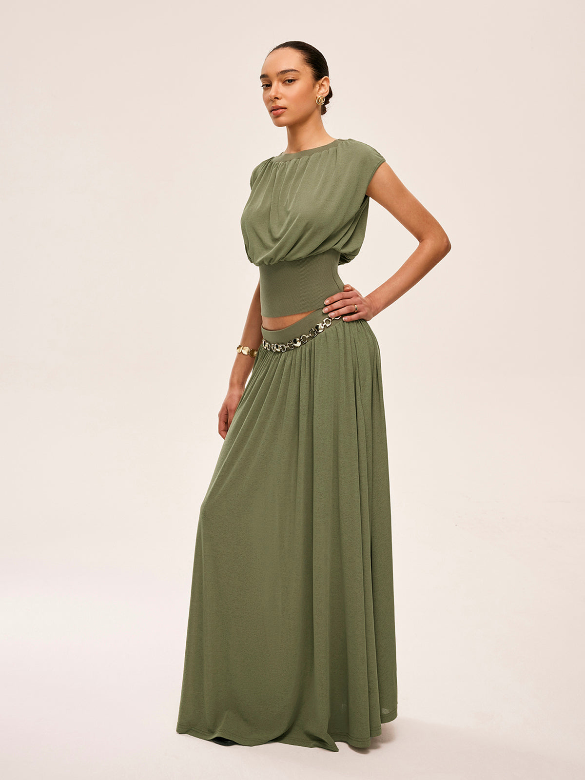 Gathered Waist Top With Flowy Skirt Set