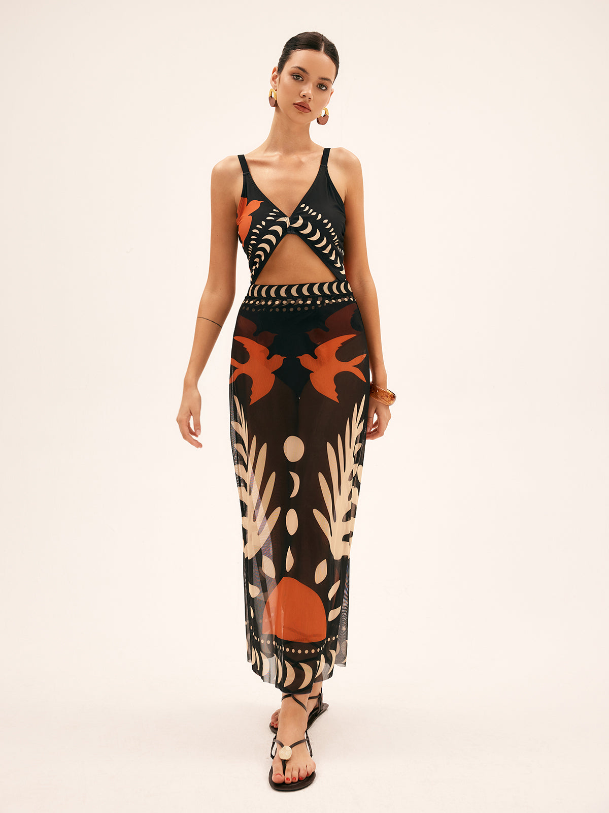 Bird Print Mesh Cover Up Maxi Skirt