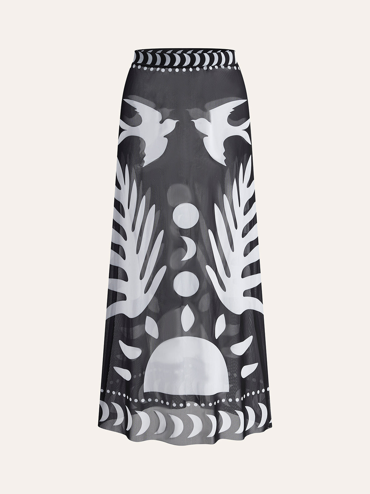 Bird Print Mesh Cover Up Maxi Skirt
