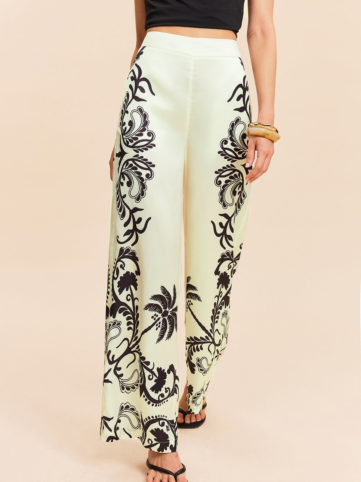 High-Waist Tropical Print Satin Pants