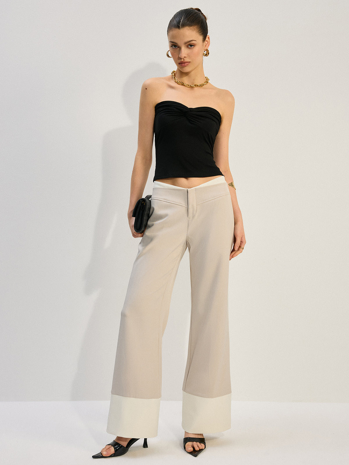 Wide-Leg Low-Waist Pants with Colorblock Hem