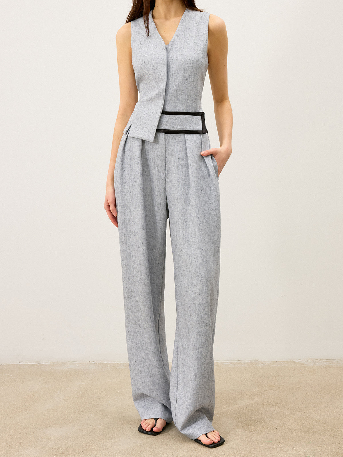 Contrast Waistband Wide - Leg Pants