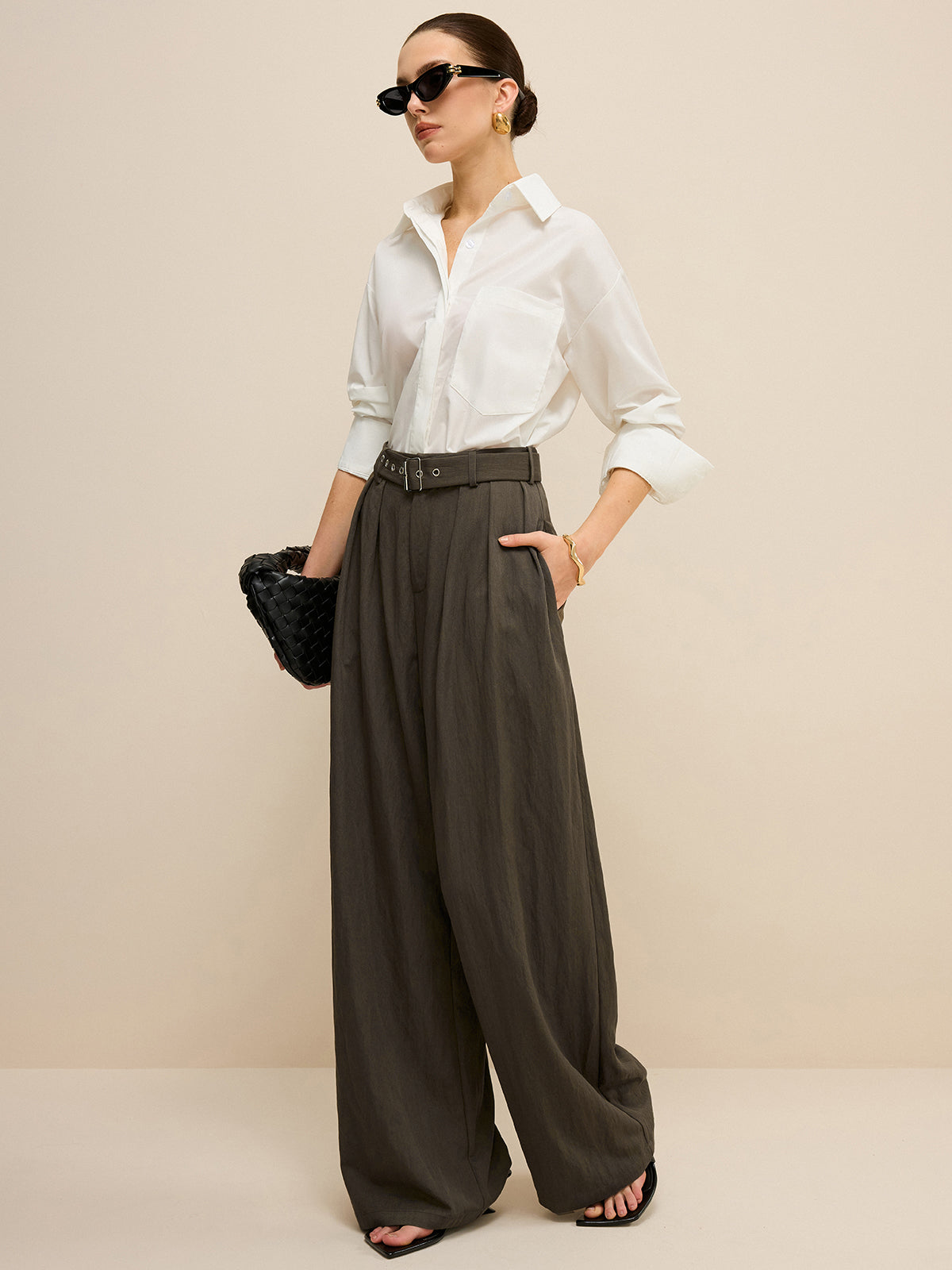 Army Green Belted Pleated Wide-Leg Pants