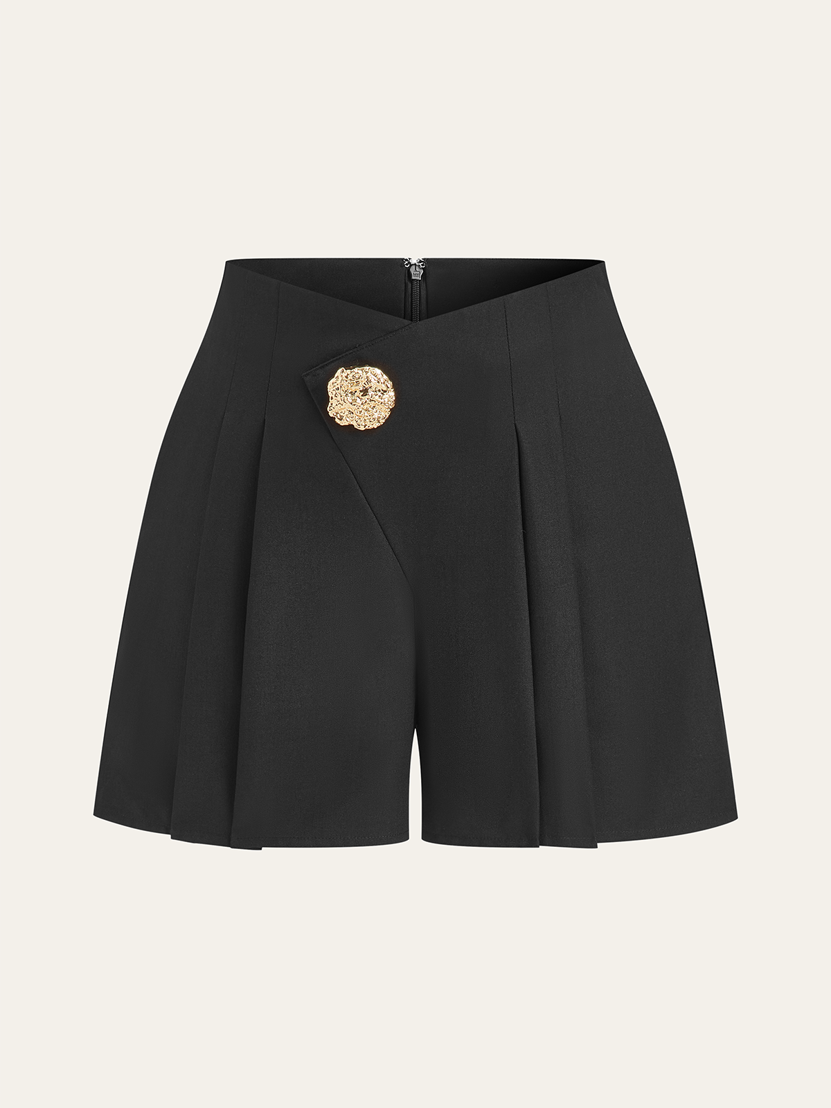 Mid-Waisted Pleated Shorts with Metal Button