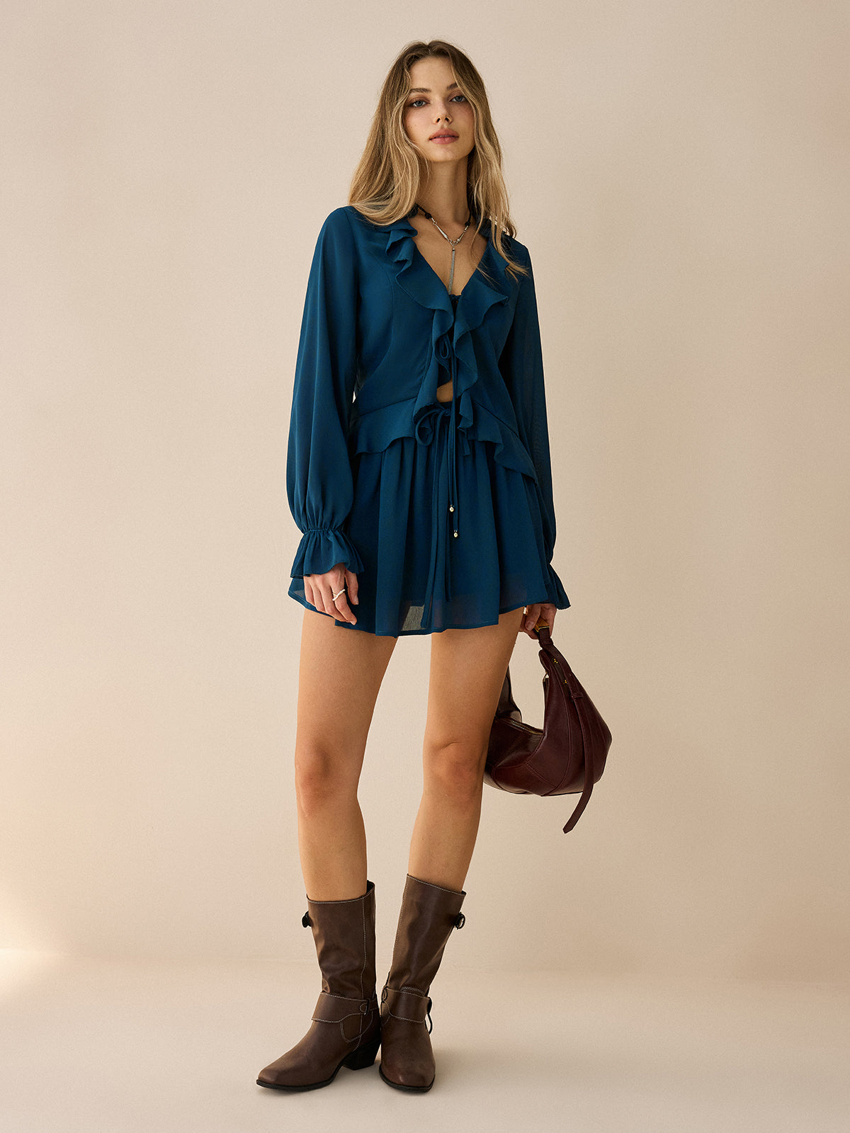 Chiffon Ruffled Long-Sleeve Top and Shorts Set