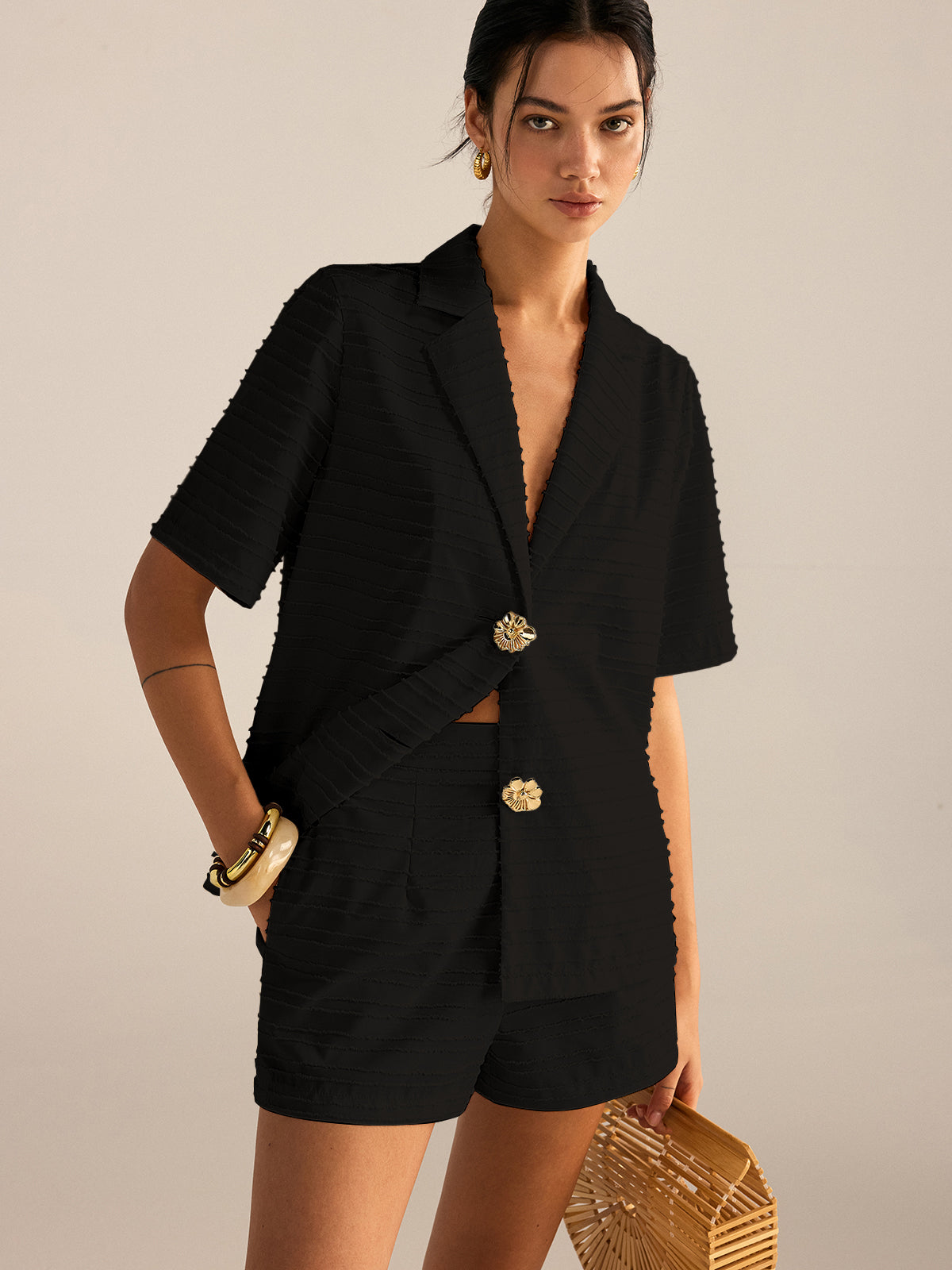Textured Short-Sleeve Blazer and Shorts Set