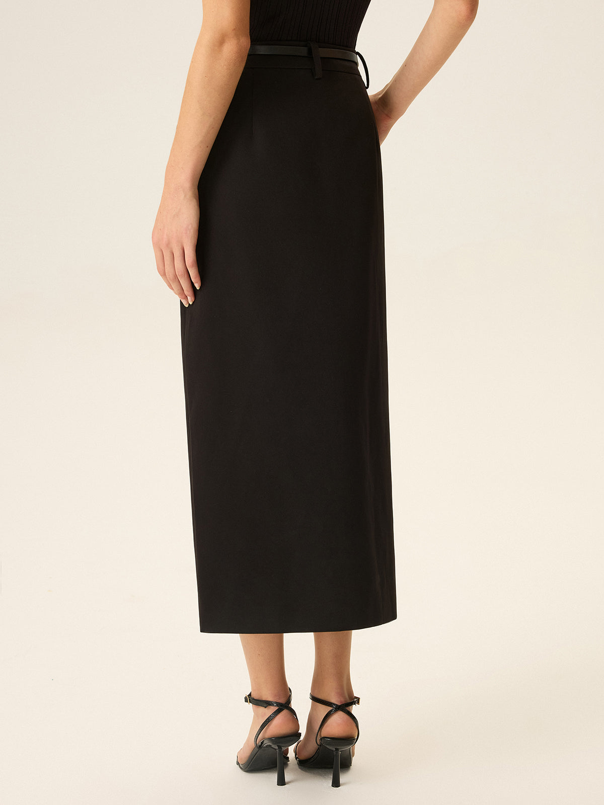 Belted Pocket Slit Midi Skirt