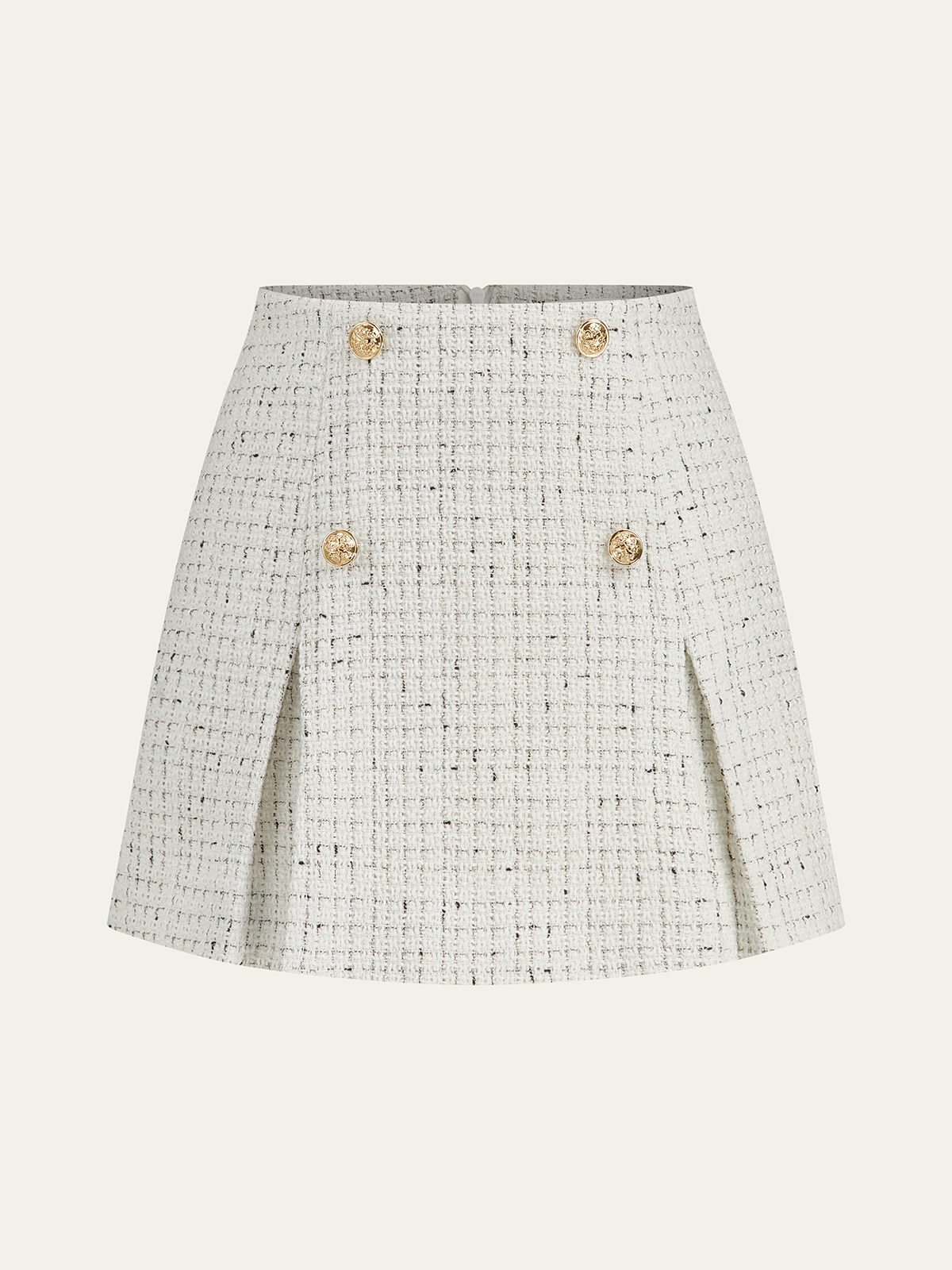 Metal Button Pleated Tweed Mini Skirt