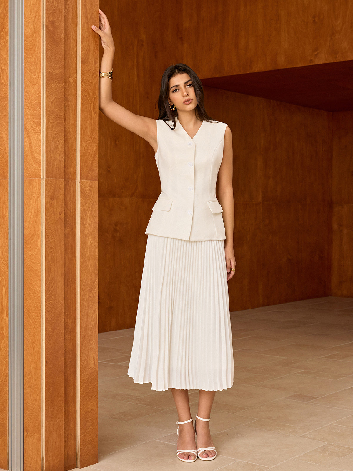 Elasticated Waist Pleated Midi Skirt