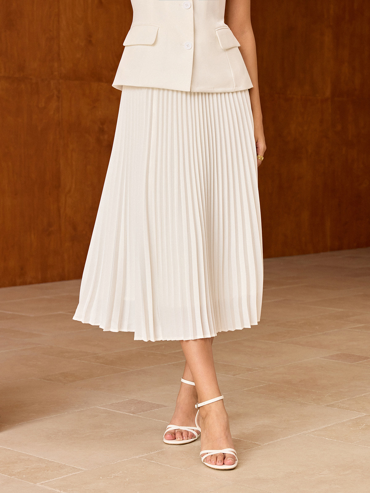 Elasticated Waist Pleated Midi Skirt