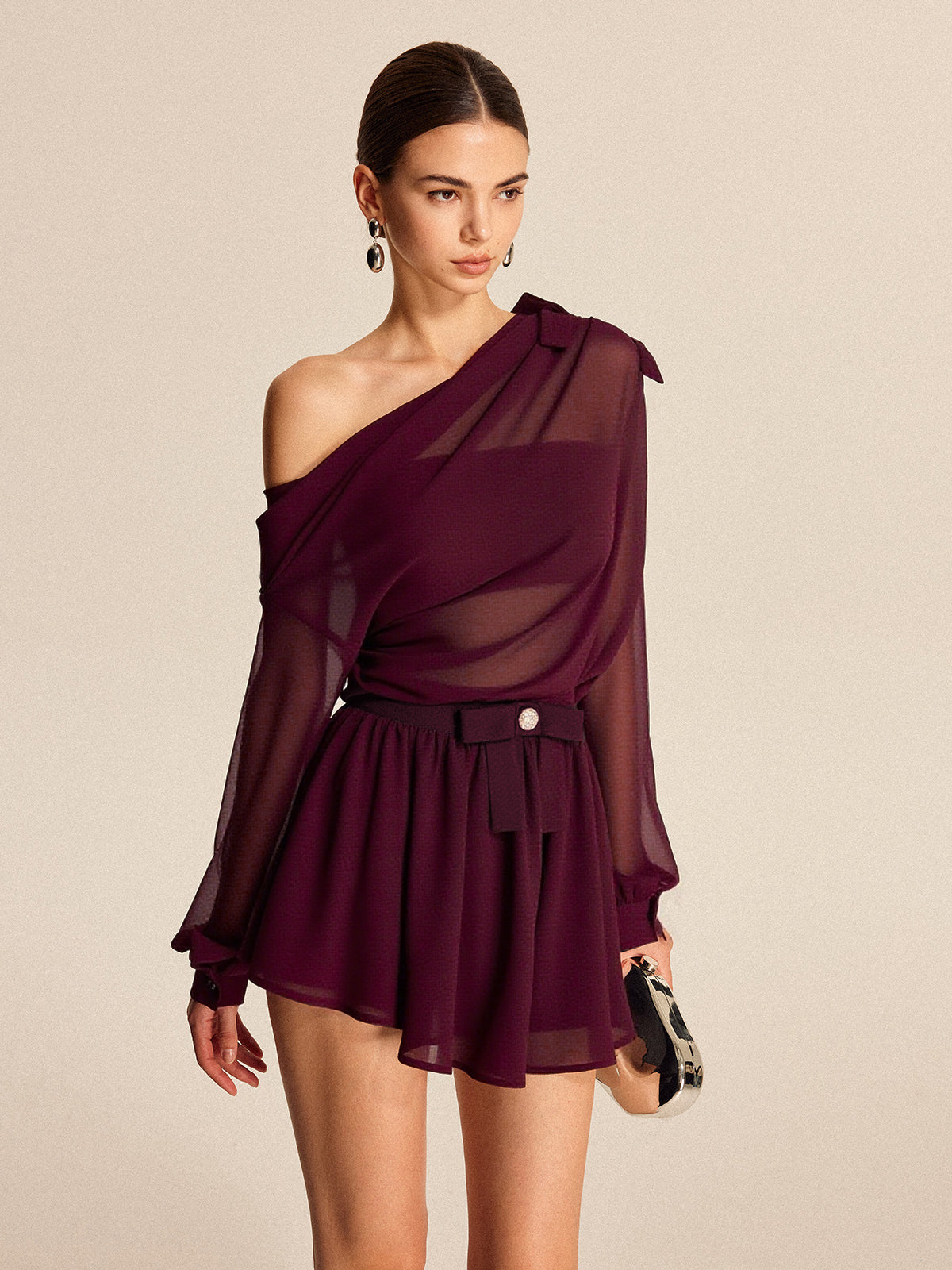 Semi-Sheer Chiffon One-Shoulder Bow Detail Skirt Set