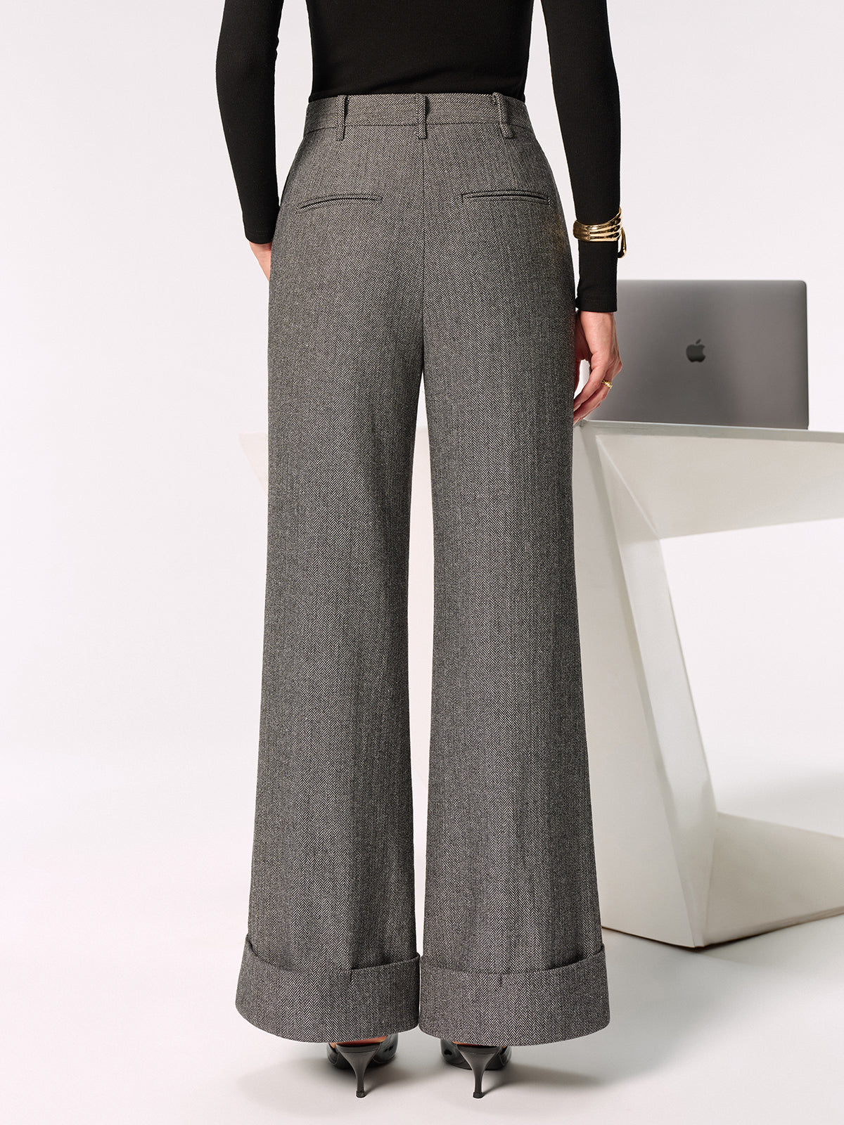 Mid-Waist Cuffed Wide-Leg Pants