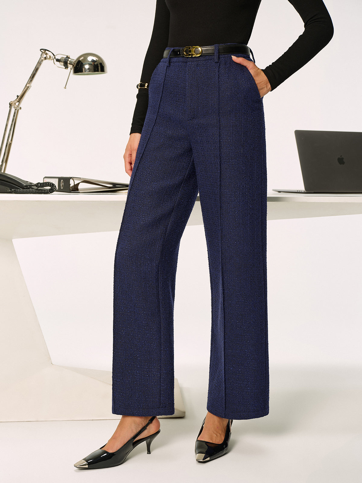 Mid-Waist Tweed Straight-Leg Pants