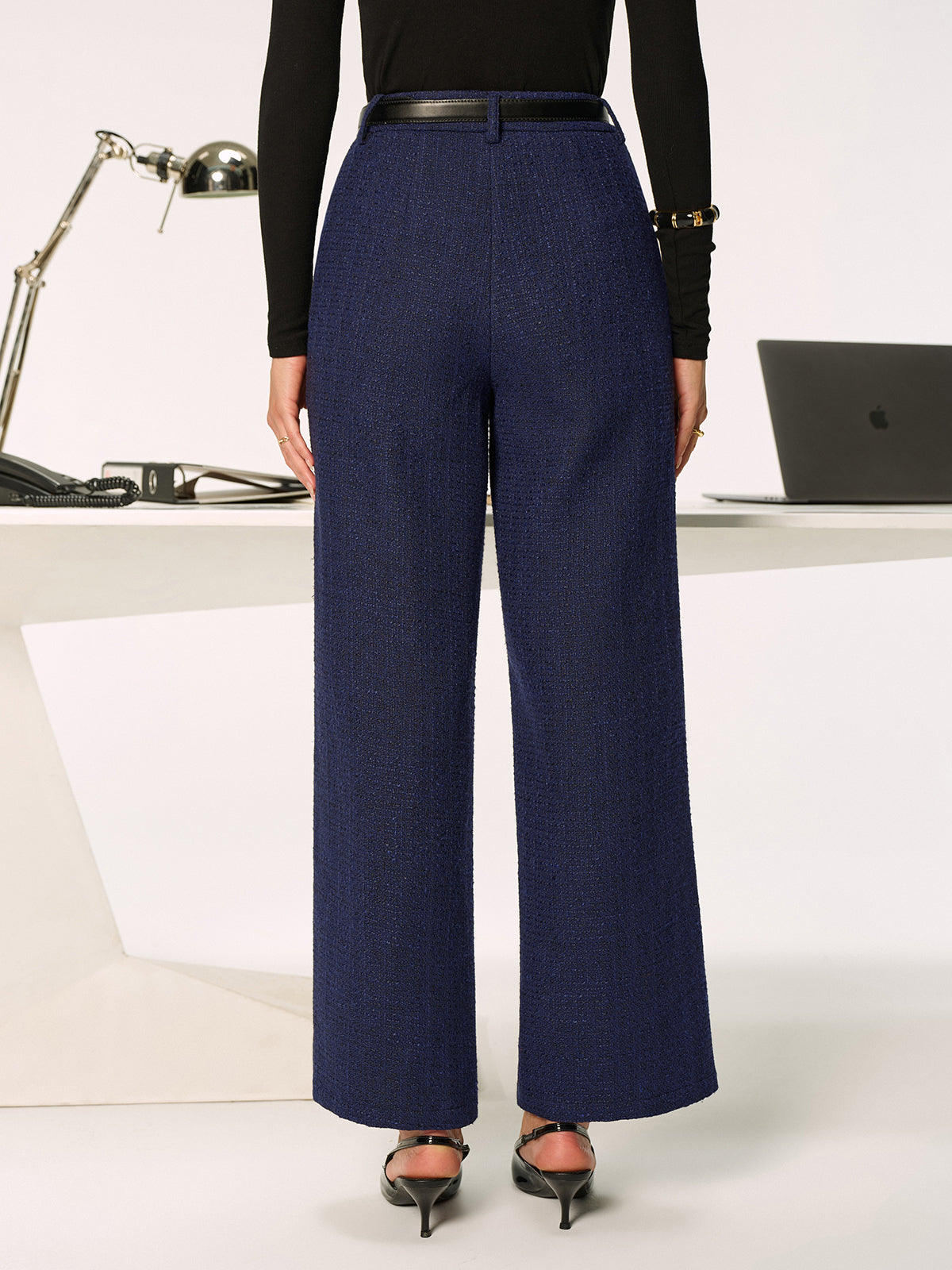 Mid-Waist Tweed Straight-Leg Pants