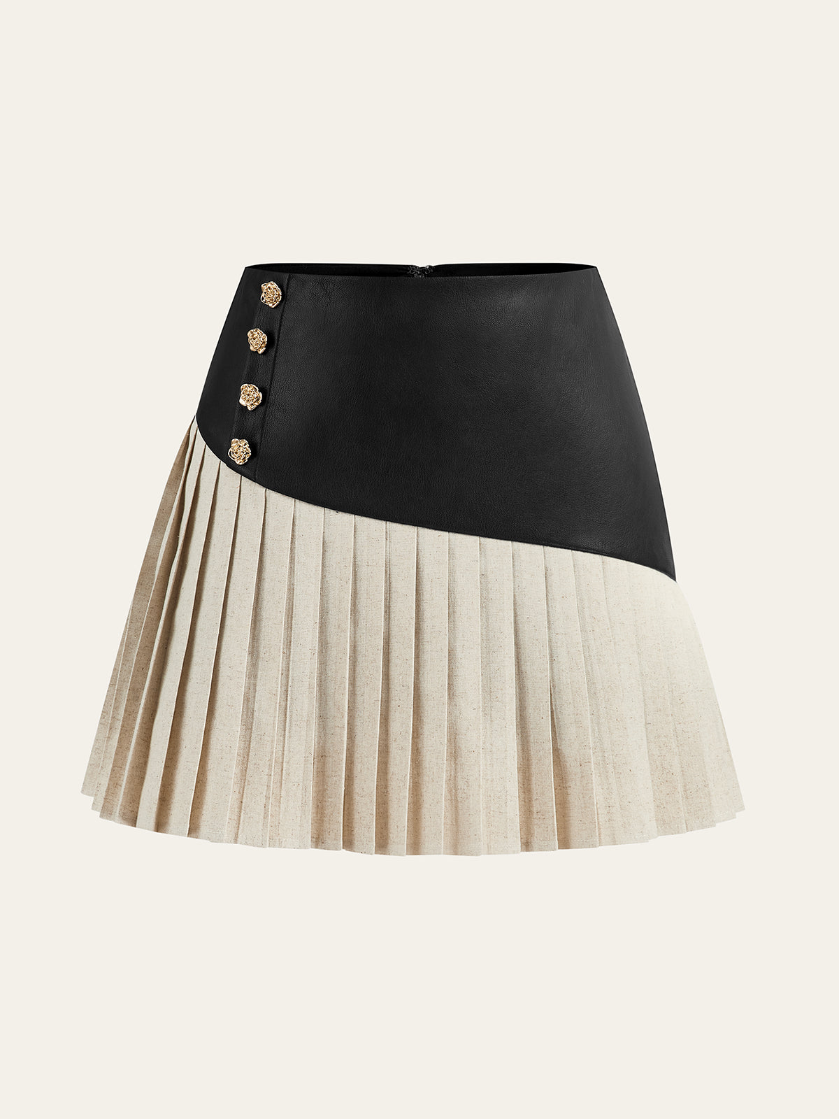 PU Panel Cotton & Linen Pleated Mini Skirt