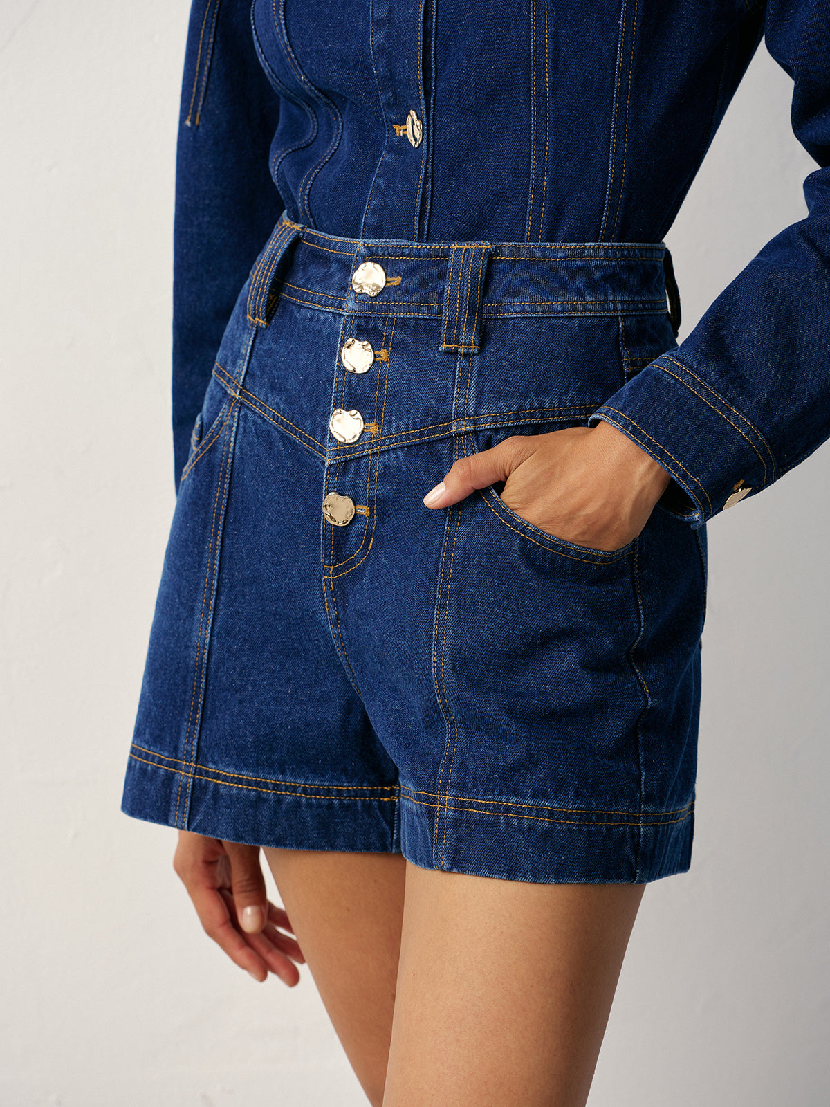 High-Waisted Button-Front Denim Short
