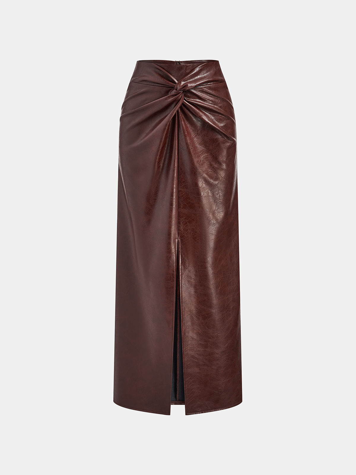 Knot Detail Slit Faux Leather Midi Skirt