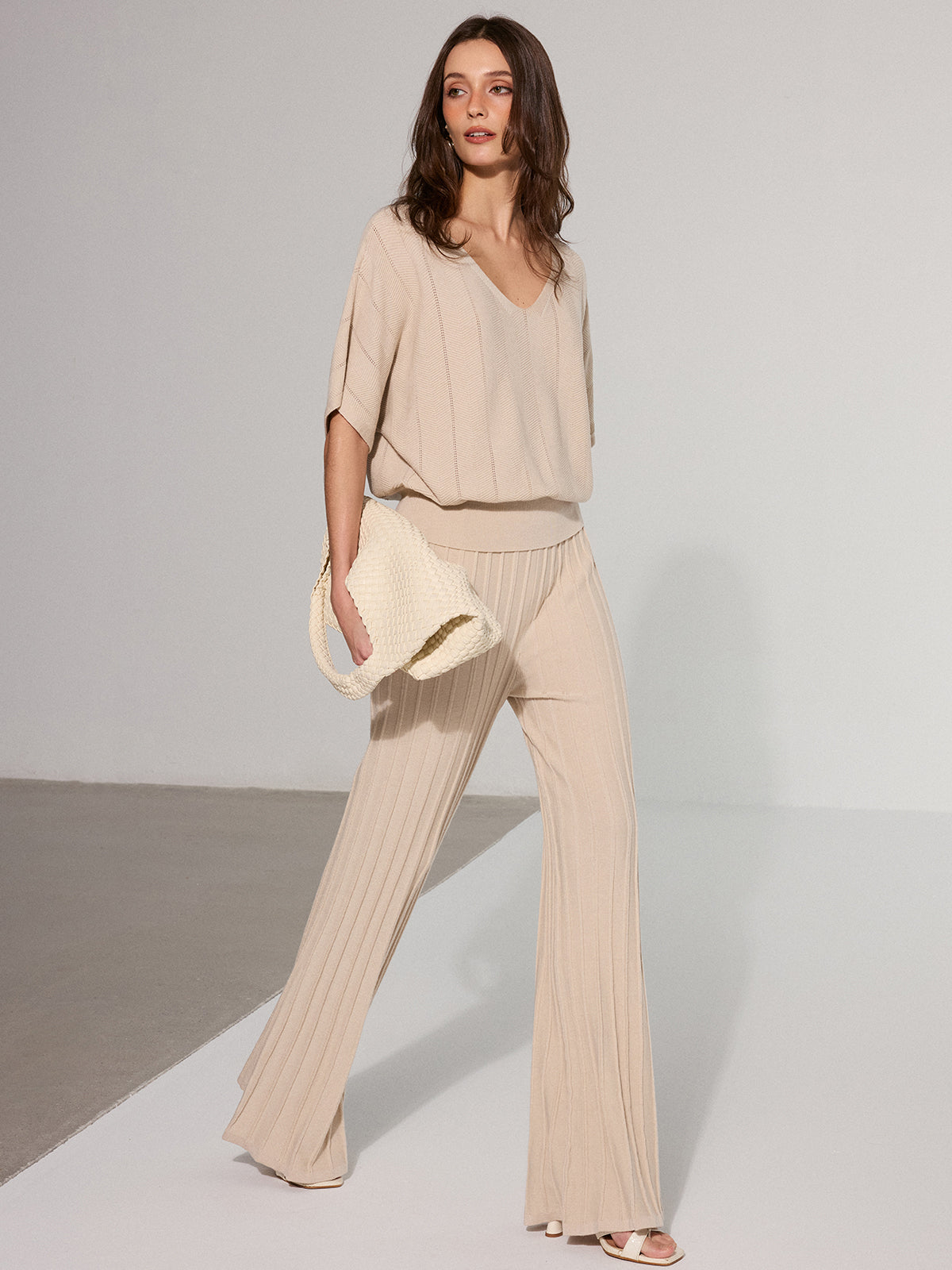 Textured Wool Blend Mid-Waist Flared Pants