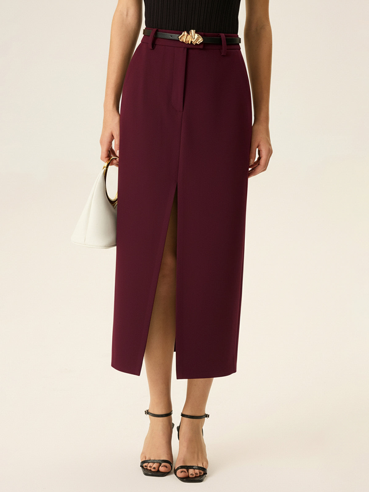 Belted Pocket Slit Midi Skirt