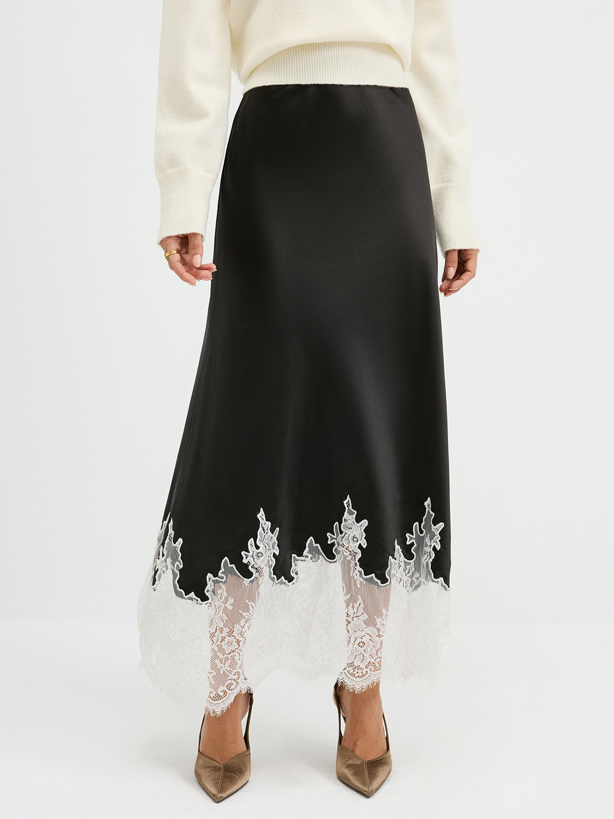 Lace Hem Satin Maxi Skirt