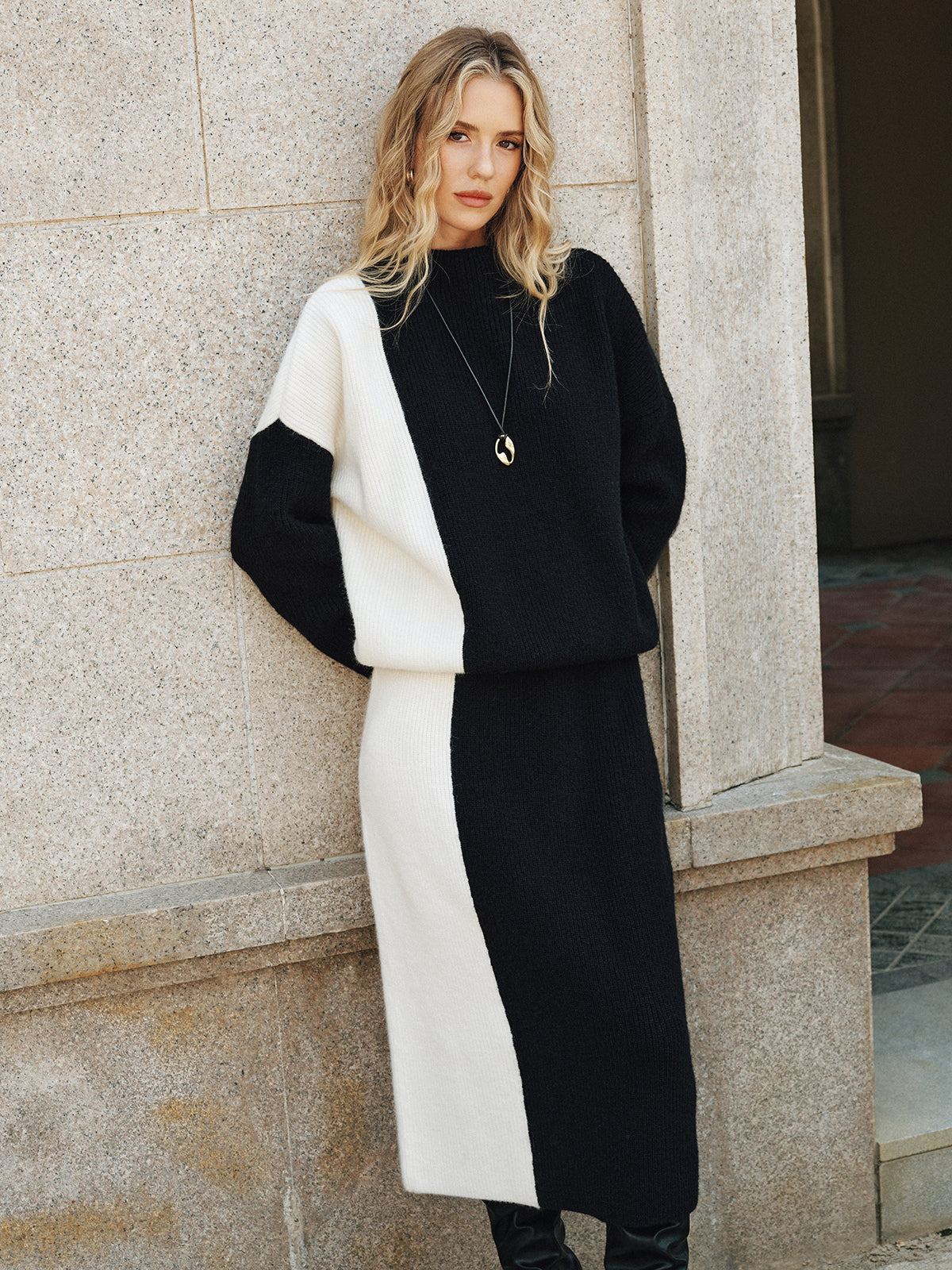 Color-Block Knit Sweater and Midi Skirt Set