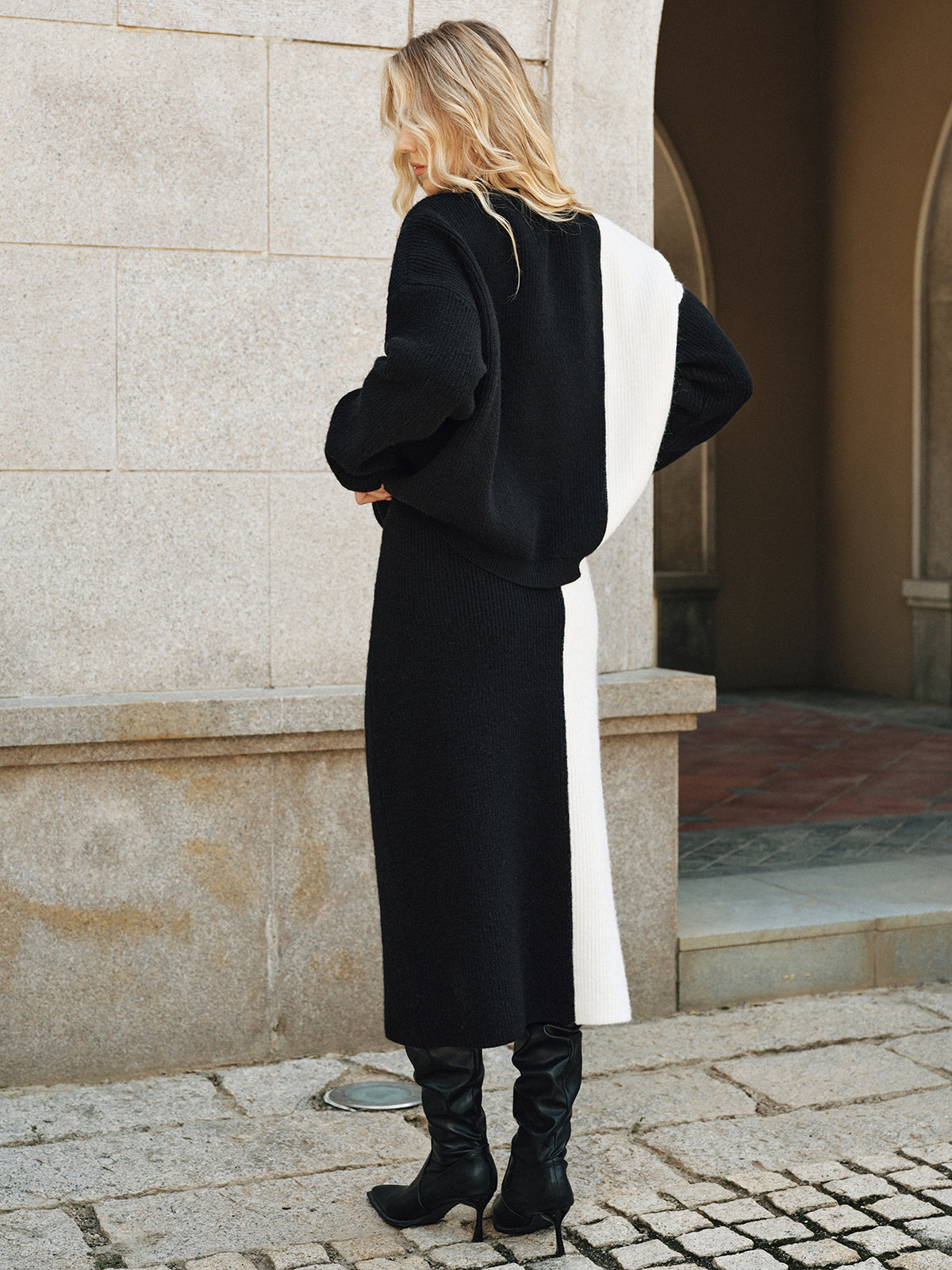 Color-Block Knit Sweater and Midi Skirt Set
