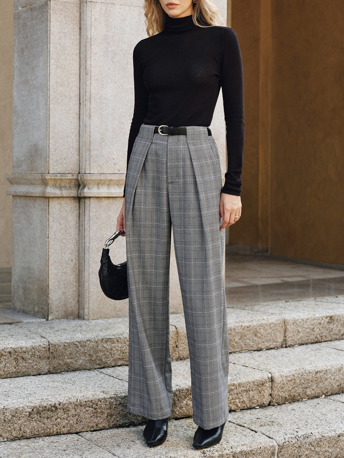 Pleated Plaid Belted Wide-Leg Pants