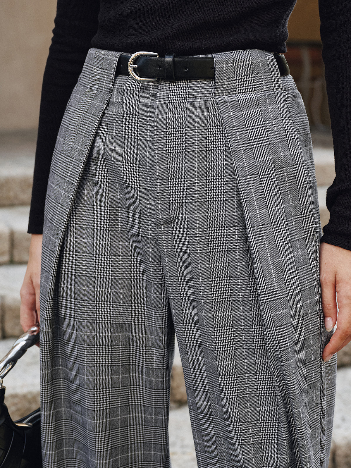 Pleated Plaid Belted Wide-Leg Pants