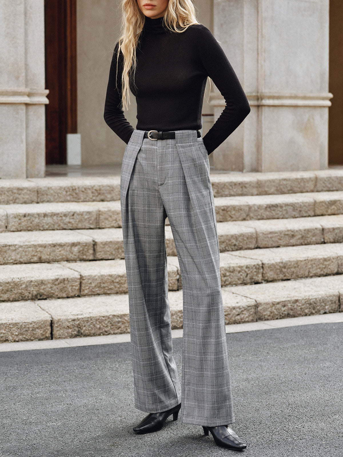 Pleated Plaid Belted Wide-Leg Pants
