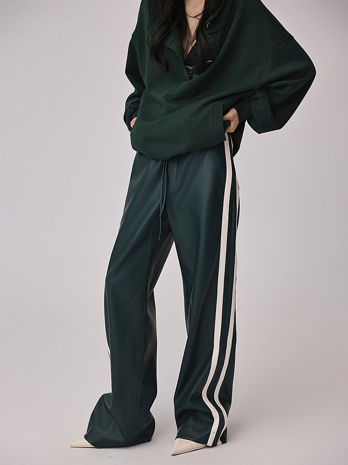 Striped High-Waisted PU Leather Drawstring Pants