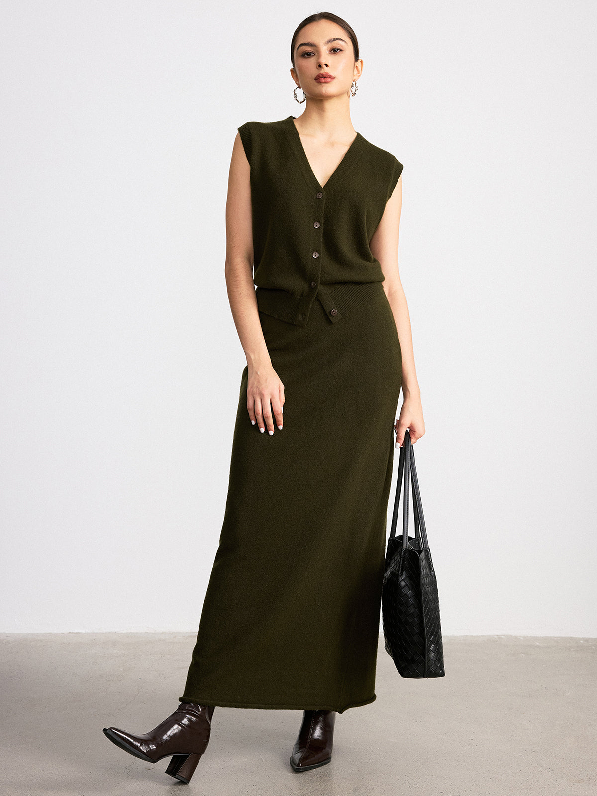 Wool Blend Knit Vest and Maxi Skirt Set