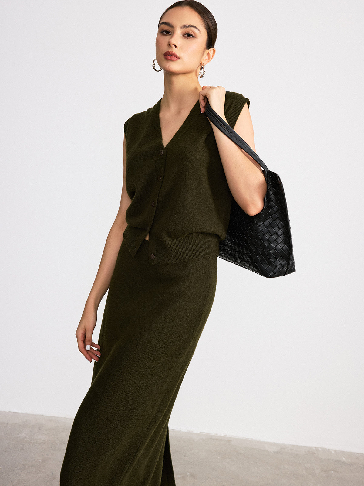 Wool Blend Knit Vest and Maxi Skirt Set