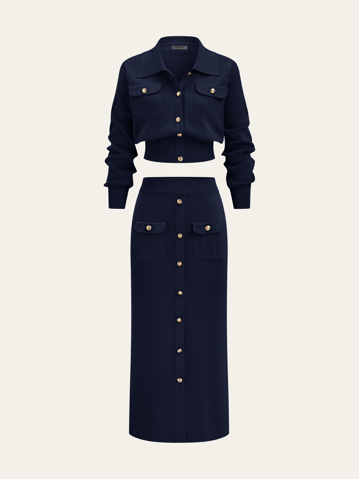 Metal Button Collared Cardigan and Midi Skirt Set