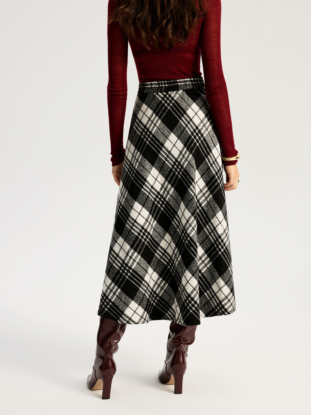 High Waist Line Flared Plaid Long Skirt