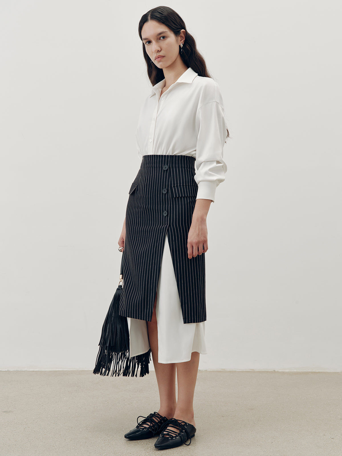 Shirt Dress and Pinstripe Slit Skirt Two-Piece Set