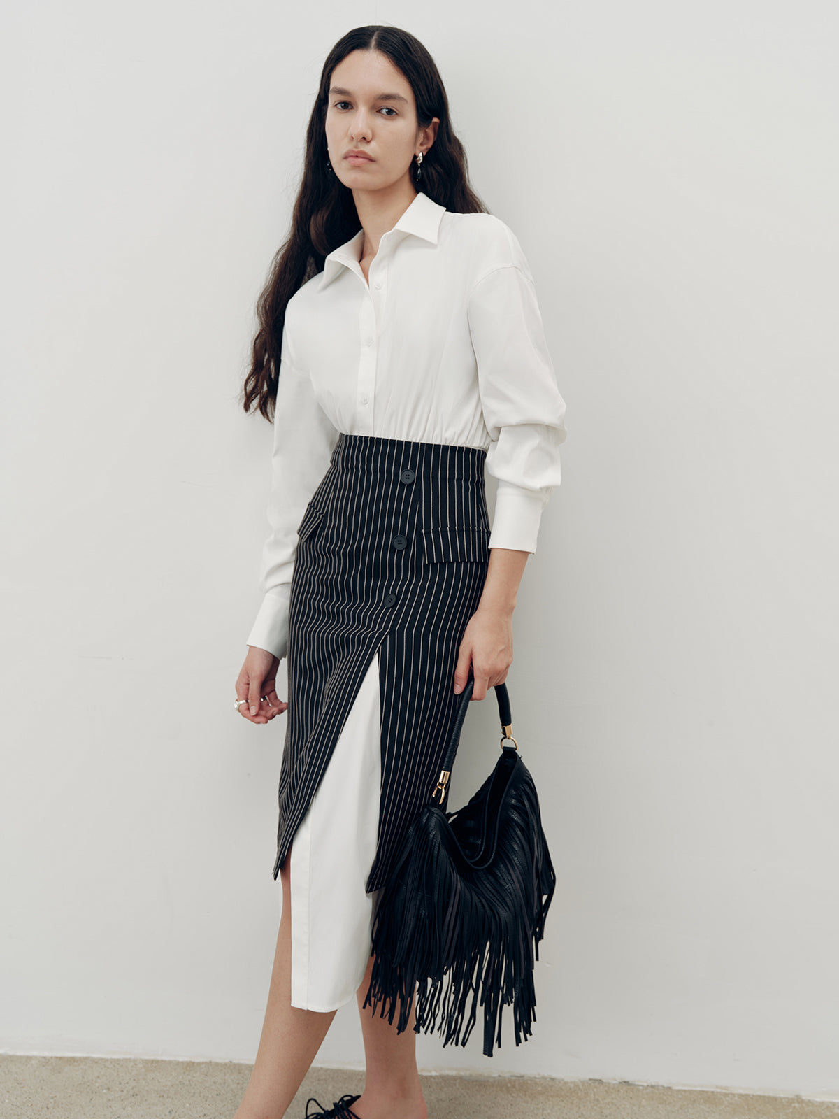 Shirt Dress and Pinstripe Slit Skirt Two-Piece Set