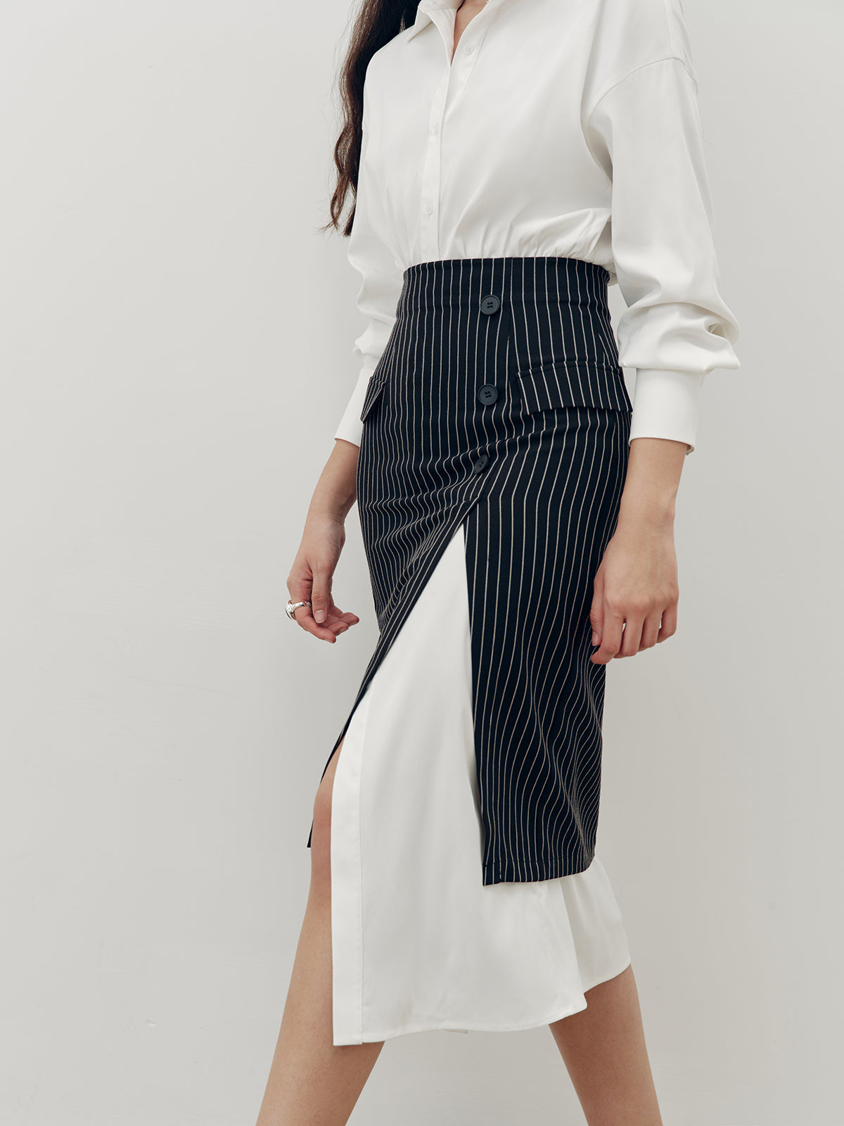 Shirt Dress and Pinstripe Slit Skirt Two-Piece Set
