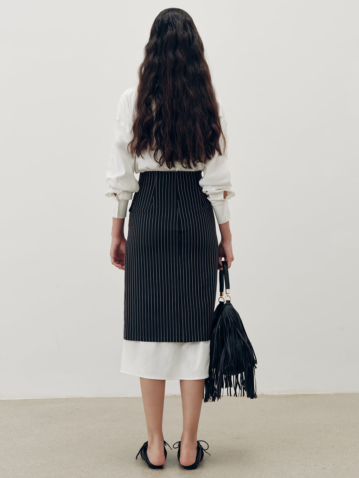 Shirt Dress and Pinstripe Slit Skirt Two-Piece Set