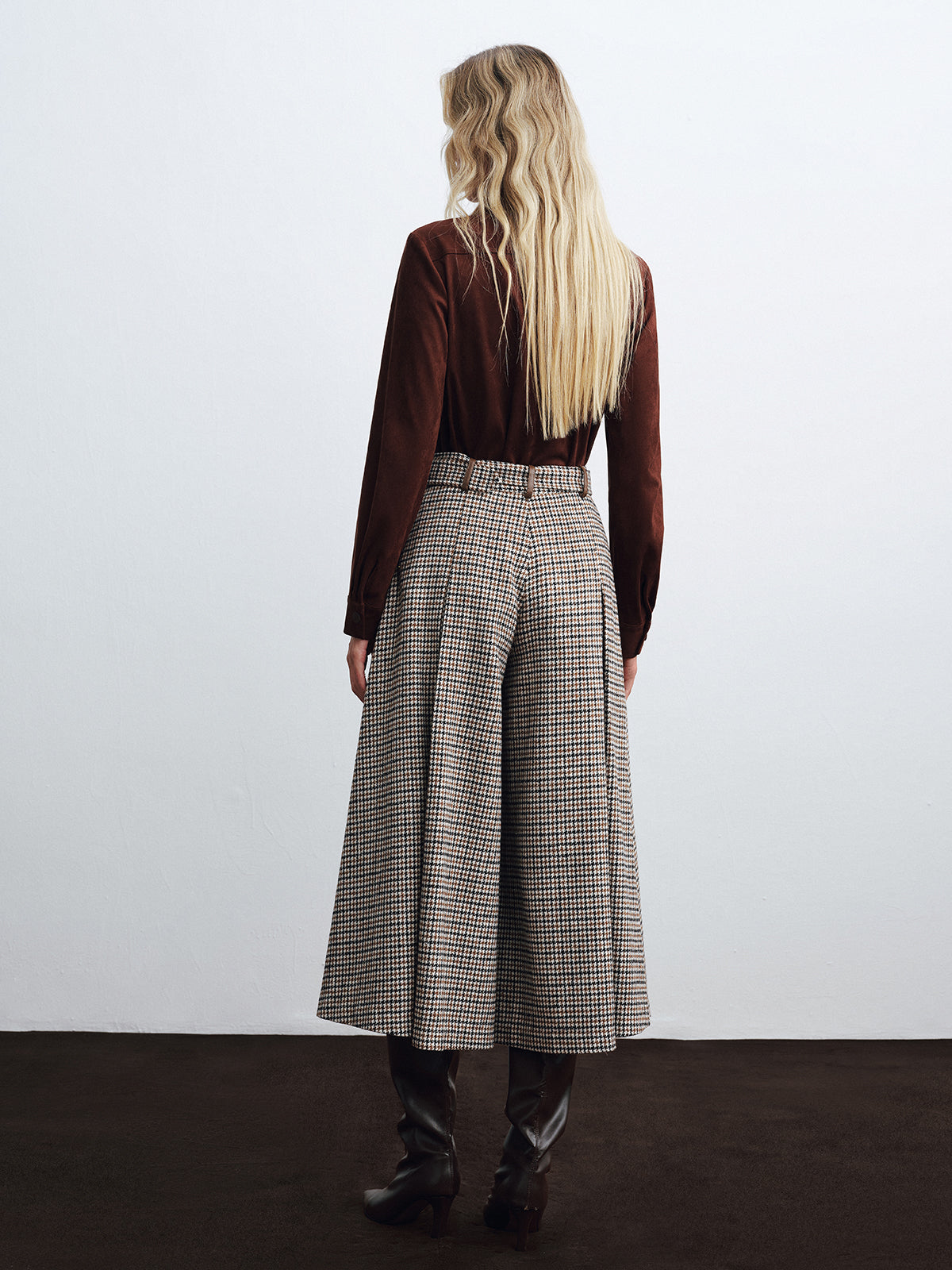High-Waist Belted Houndstooth Wide-Leg Pants