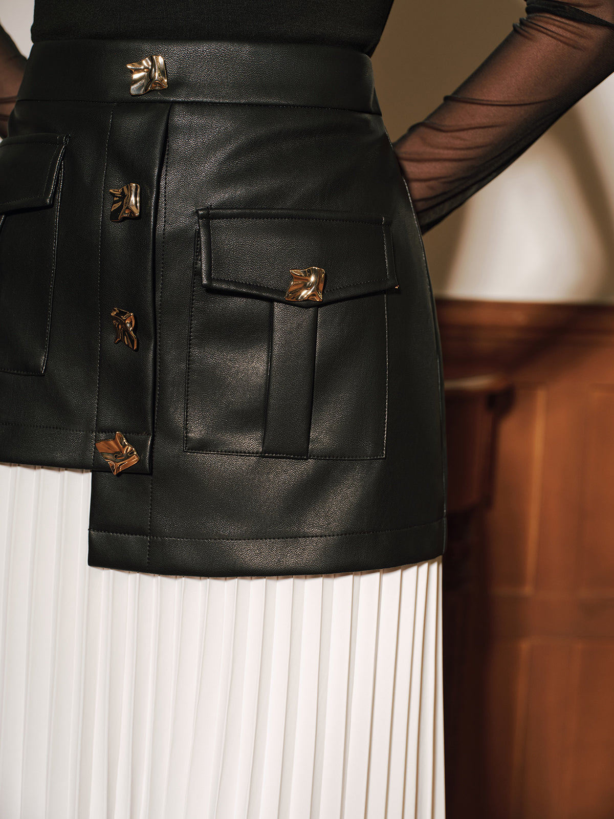 Faux Leather Paneled Asymmetric Pleated Maxi Skirt