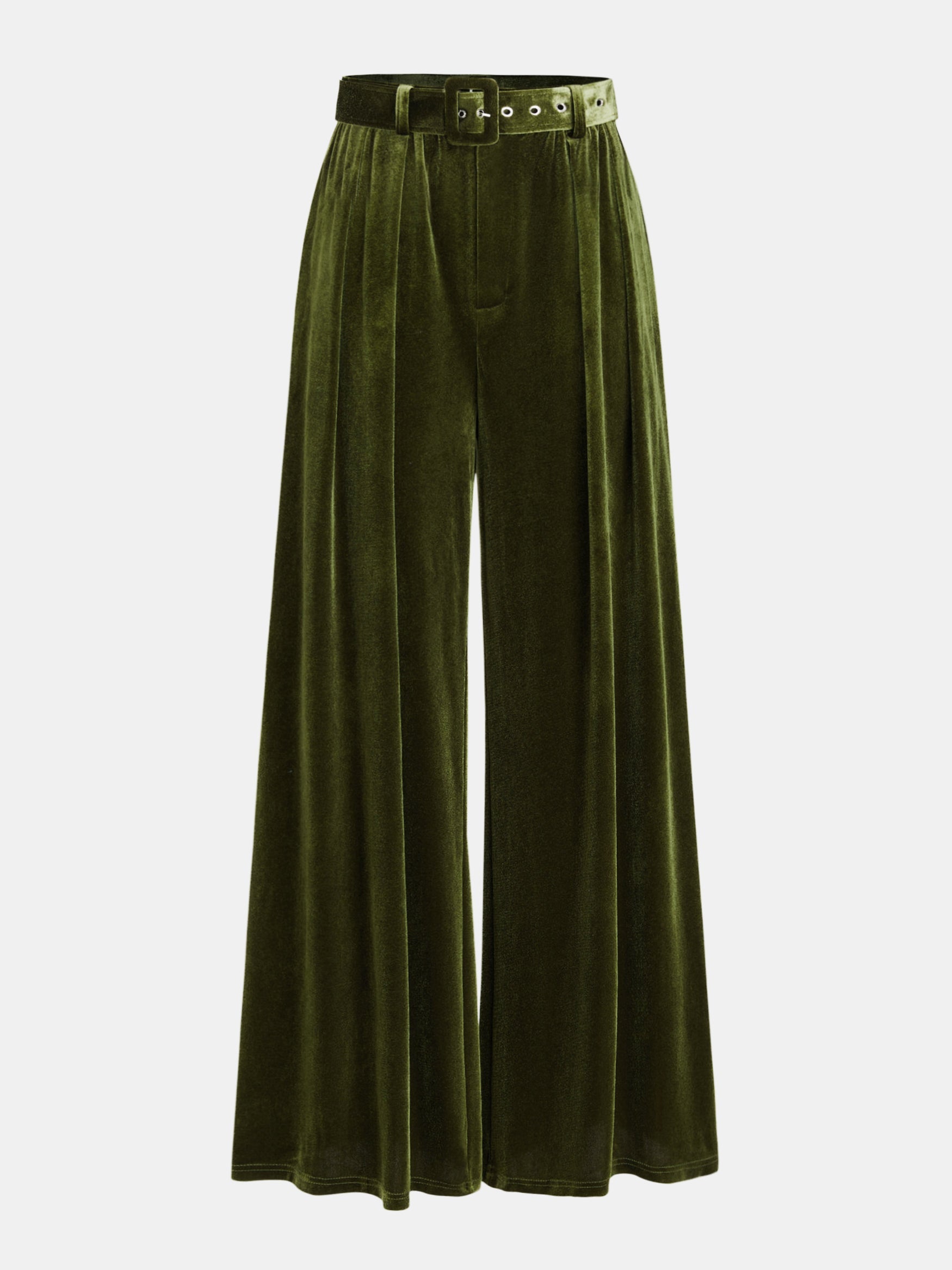 Belted Pleated Velvet Wide-Leg Pants