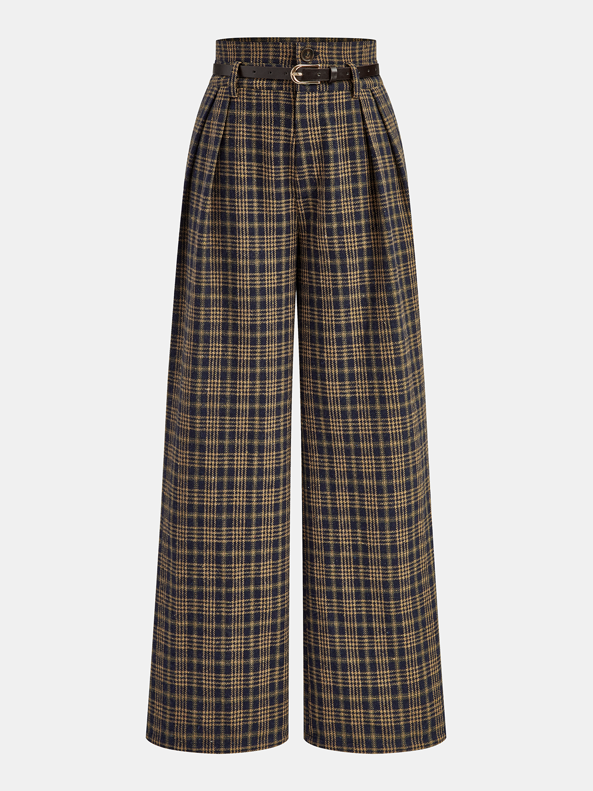 Belted Plaid High-Waisted Pants