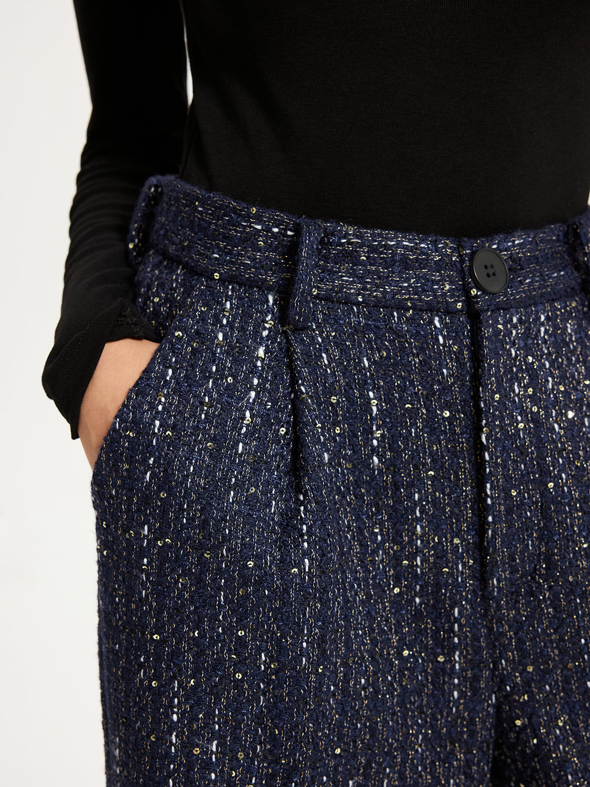 Mid-Waist Tweed Sequin Wide-Leg Pants