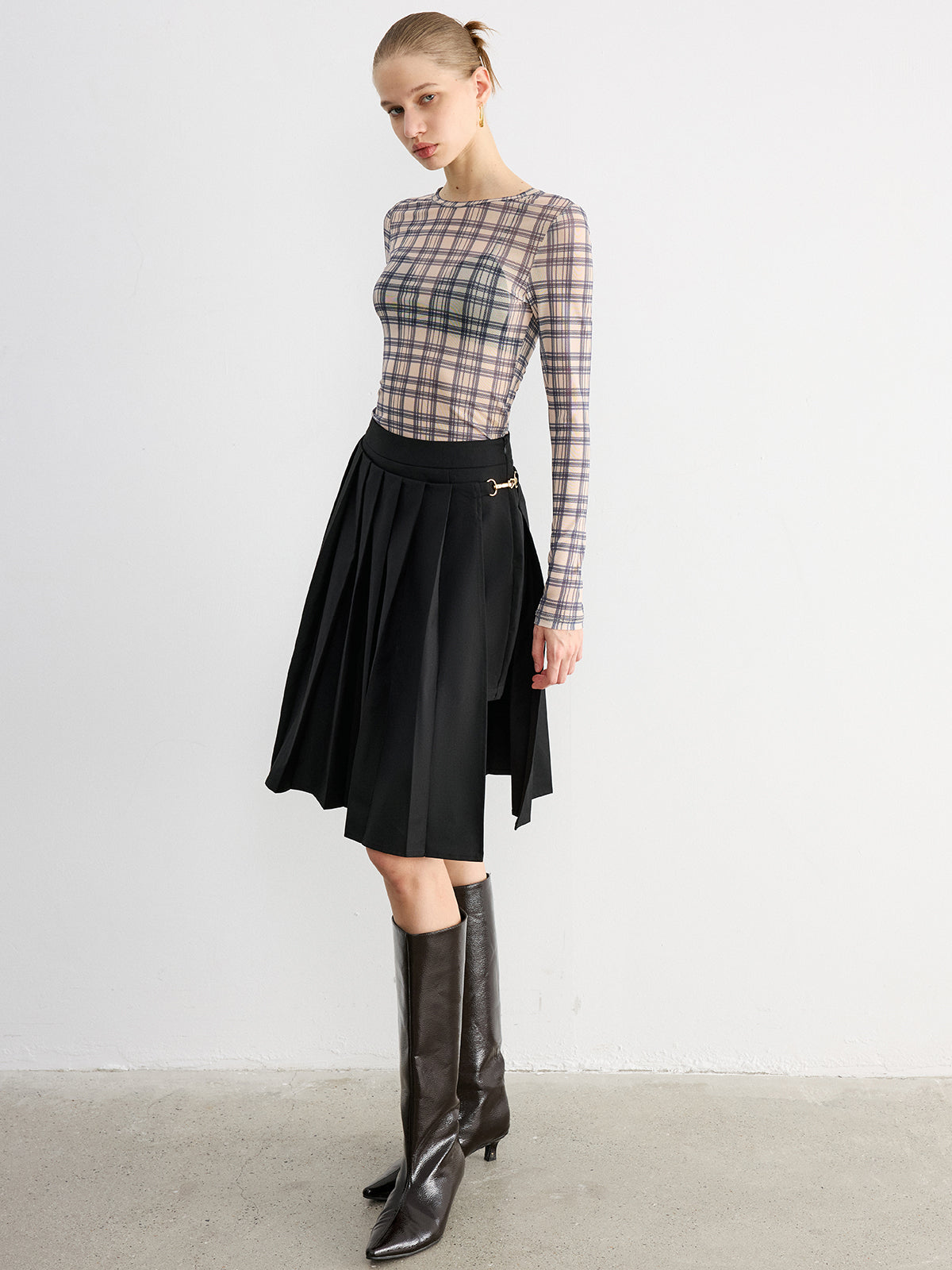 Horsebit Pleated Midi Skirt