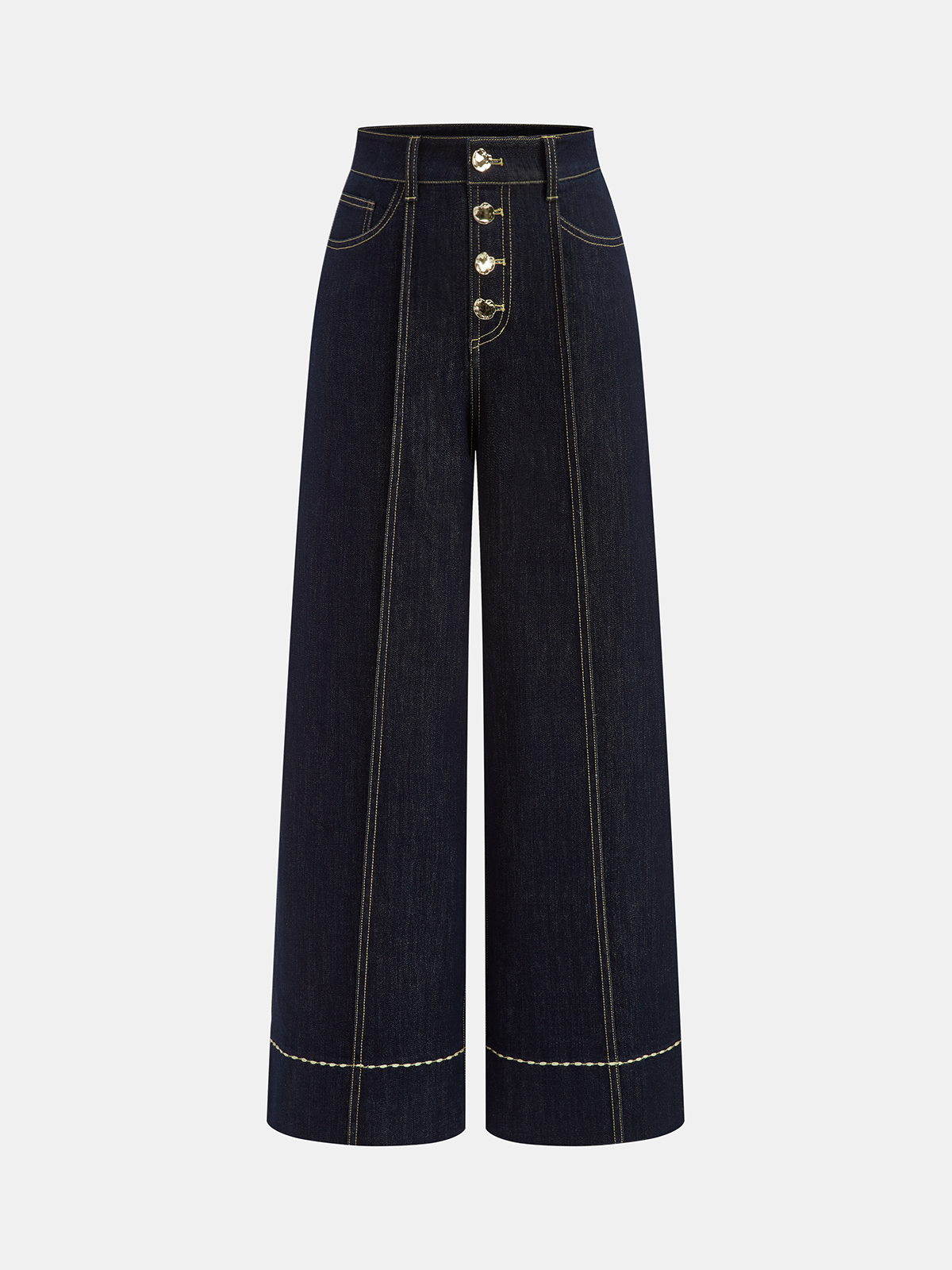 High-Waist Button Wide-Leg Denim Pants