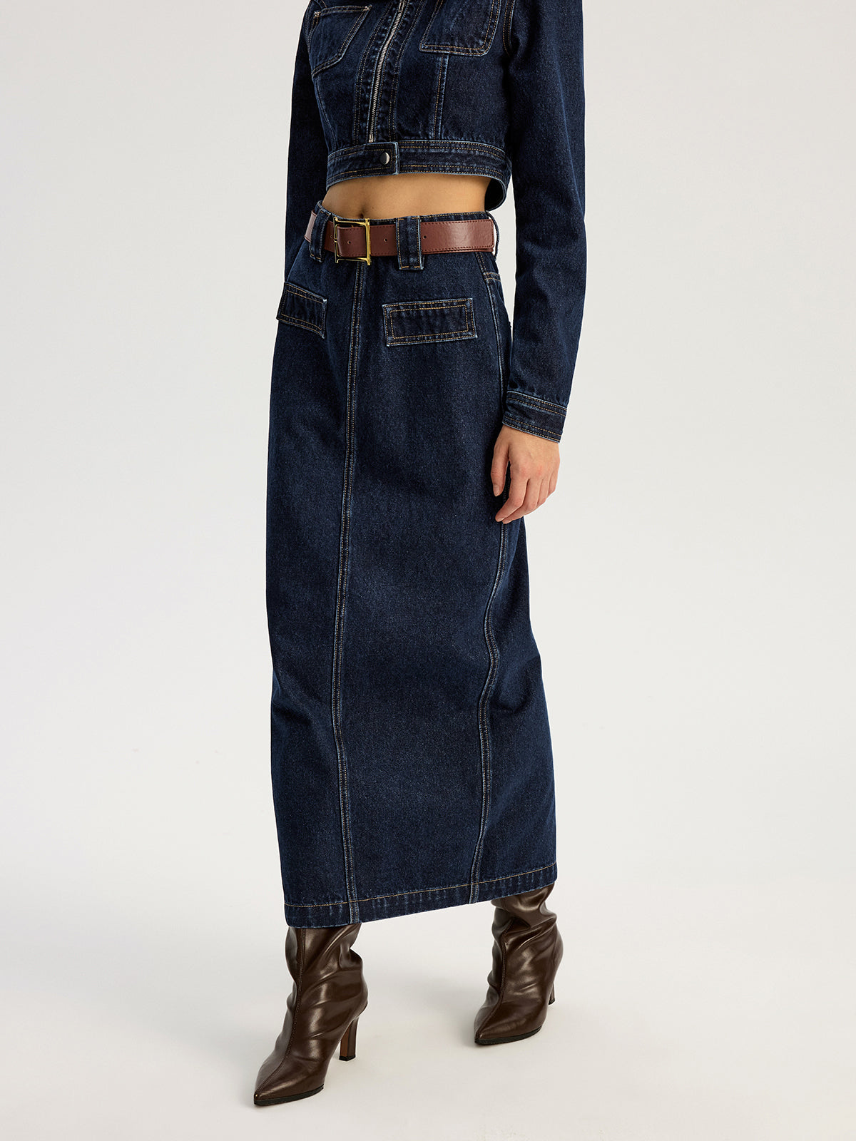Belted Denim Maxi Skirt
